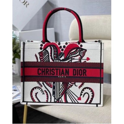 Dior Medium Book Tote Bag In Latte Multicolor Cupidon Embroidery