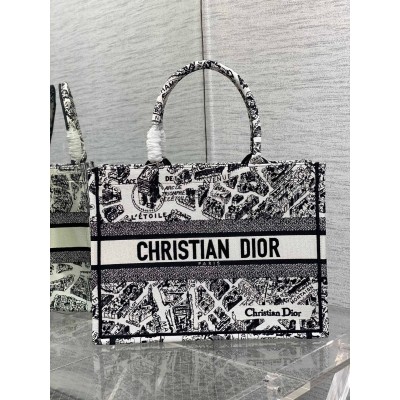 Dior Medium Book Tote Bag In White Plan de Paris Embroidery