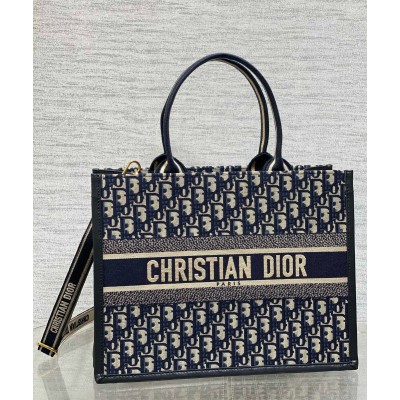 Dior Medium Book Tote Bag with Strap in Blue Dior Oblique Canvas