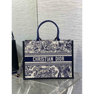 Dior Medium Book Tote Bag with Strap in Blue Toile de Jouy Sauvage Embroidery