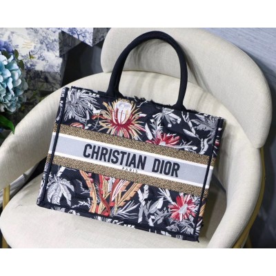 Dior Medium Book Tote In Black Camouflage With Multicolored Flowers