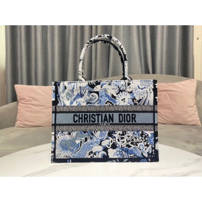 Dior Medium Book Tote Bag In Blue Zodiac Fantastico Embroidery