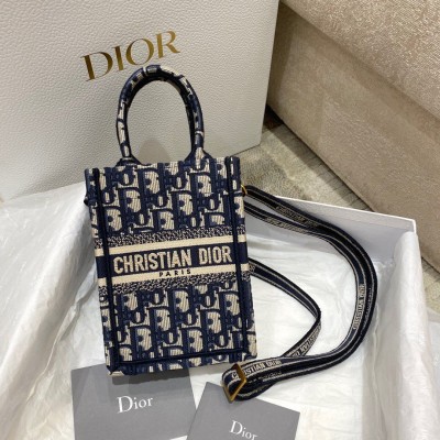 Dior Mini Book Tote Phone Bag In Blue Dior Oblique Embroidery