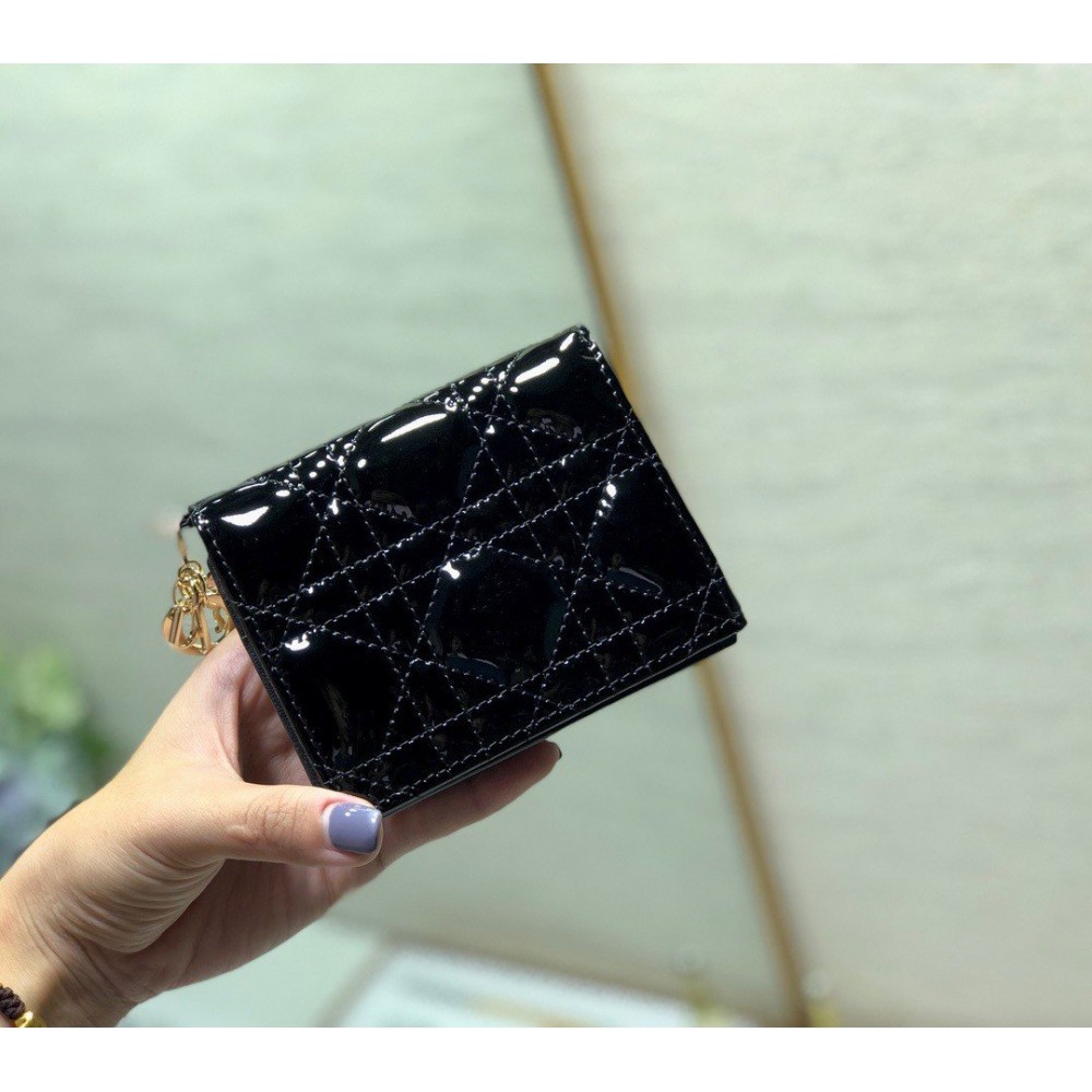 Dior Mini Lady Dior Wallet In Black Patent Calfskin