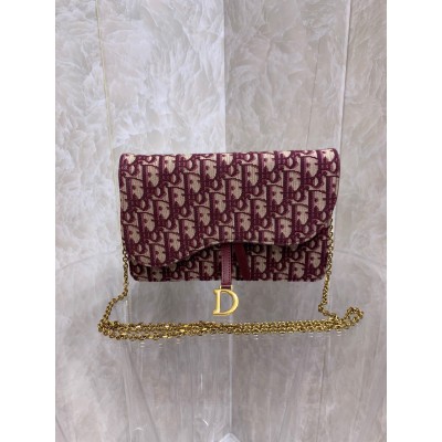 Dior Saddle Chain Pouch In Bordeaux Dior Oblique Jacquard