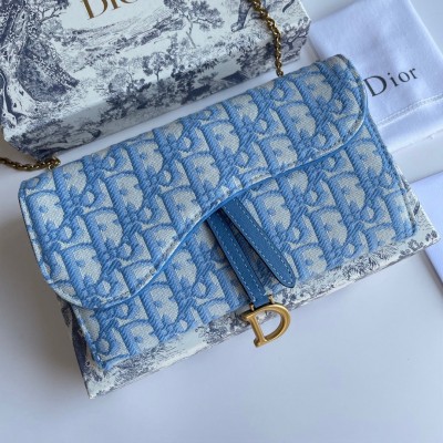 Dior Saddle Chain Wallet In Light Blue Oblique Jacquard