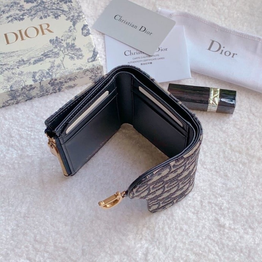 Dior Saddle Lotus Wallet In Blue Oblique Jacquard