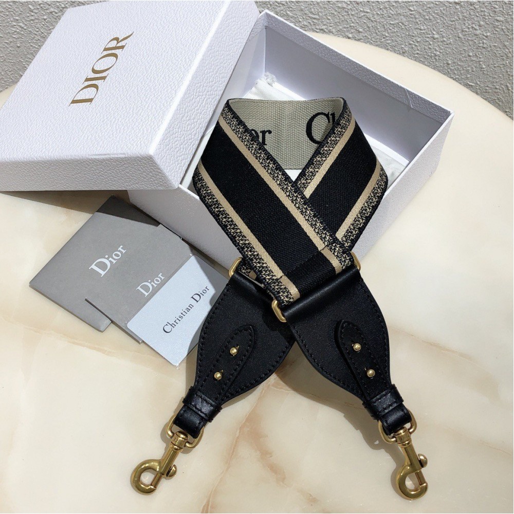 Dior Shoulder Strap in Black Embroidery Canvas