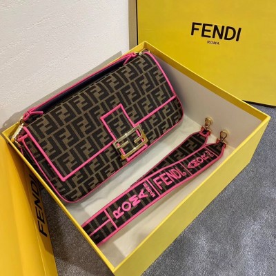 Fendi Baguette Large Bag In FF Fabric With Pink Trim LDBS240996