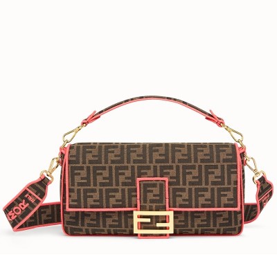 Fendi Baguette Large Bag In FF Fabric With Pink Trim LDBS240996