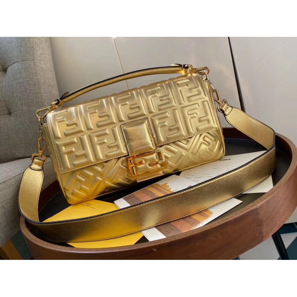 Fendi Baguette Large Bag In Gold Lambskin With FF Motif LDBS240997