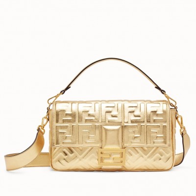 Fendi Baguette Large Bag In Gold Lambskin With FF Motif LDBS240997