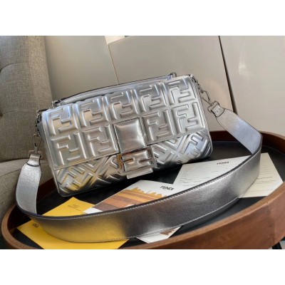 Fendi Baguette Large Bag In Silver Lambskin With FF Motif LDBS240998