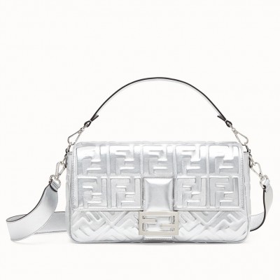 Fendi Baguette Large Bag In Silver Lambskin With FF Motif LDBS240998