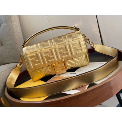 Fendi Baguette Medium Bag In Gold Lambskin With FF Motif LDBS241002