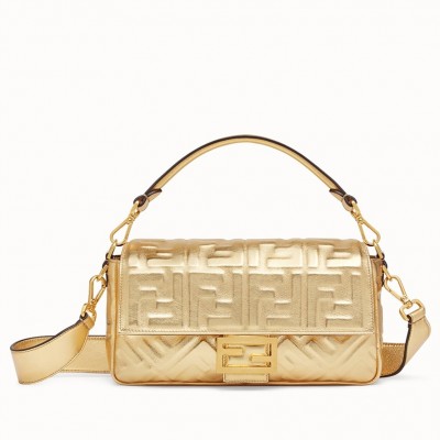 Fendi Baguette Medium Bag In Gold Lambskin With FF Motif LDBS241002