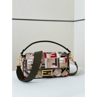 Fendi Baguette Medium Bag in Canvas with Multicolor FF Embroidery LDBS241000