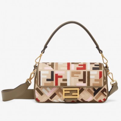 Fendi Baguette Medium Bag in Canvas with Multicolor FF Embroidery LDBS241000