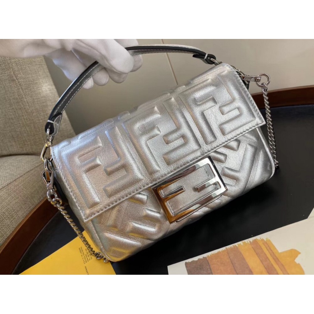 Fendi Baguette Mini Bag In Silver Lambskin With FF Motif LDBS241010