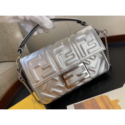 Fendi Baguette Mini Bag In Silver Lambskin With FF Motif LDBS241010