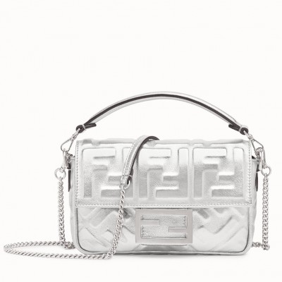 Fendi Baguette Mini Bag In Silver Lambskin With FF Motif LDBS241010