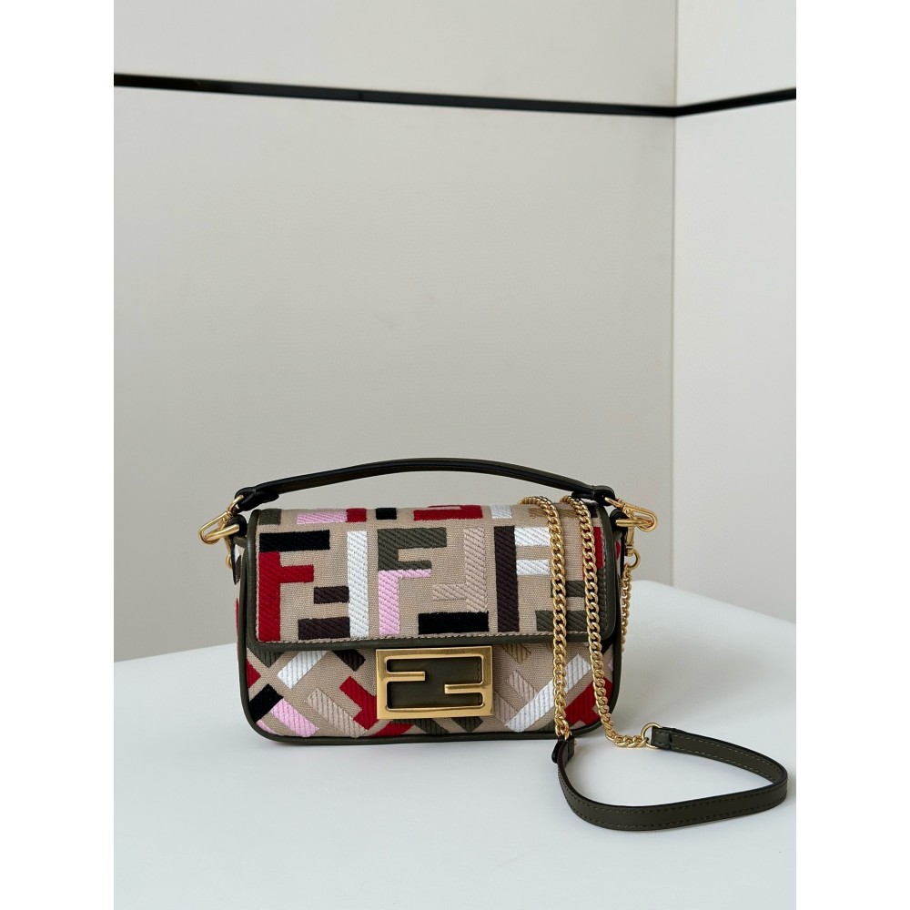 Fendi Baguette Mini Bag in Canvas with Multicolor FF Embroidery LDBS241008