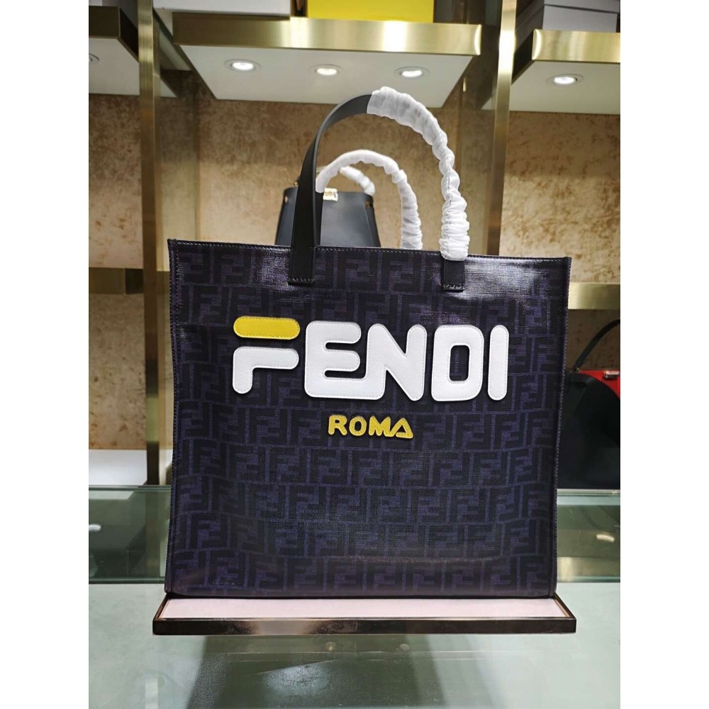 Fendi Black Glazed Fabric Shopper White Logo Bag LDBS241028