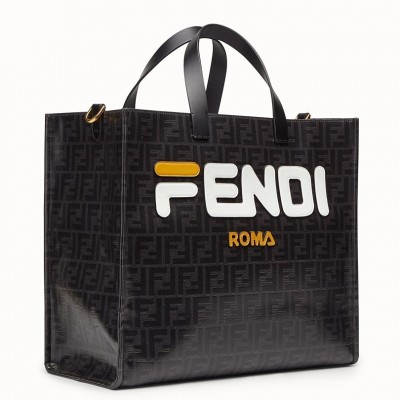 Fendi Black Glazed Fabric Shopper White Logo Bag LDBS241028