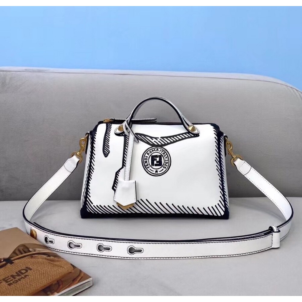 Fendi By The Way Medium Bag In White Printed Leather LDBS241064