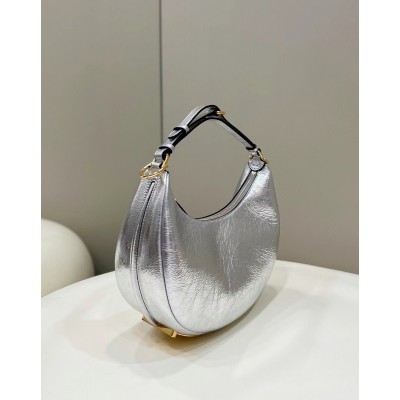 Fendi Fendigraphy Small Hobo Bag In Silver Laminated Leather LDBS241083