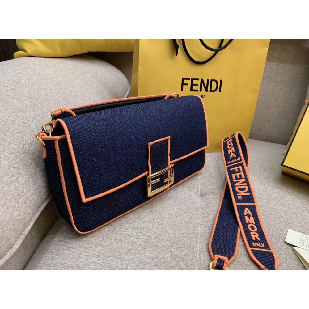 Fendi Large Baguette Bag In Blue Denim With Orange Trim LDBS241144