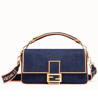 Fendi Large Baguette Bag In Blue Denim With Orange Trim LDBS241144