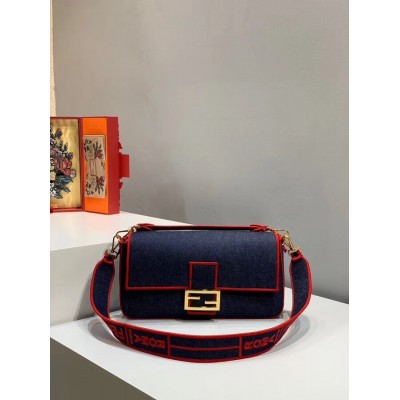 Fendi Large Baguette Bag In Blue Denim With Red Trim LDBS241145