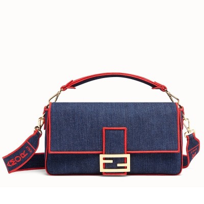 Fendi Large Baguette Bag In Blue Denim With Red Trim LDBS241145