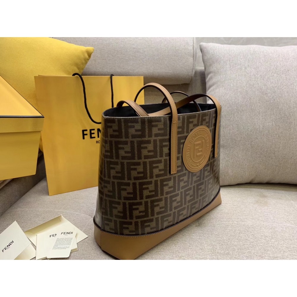 Fendi Logo Shopper Bag In Glazed Fabric With Tan Leather LDBS241159