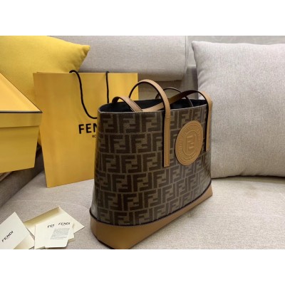 Fendi Logo Shopper Bag In Glazed Fabric With Tan Leather LDBS241159