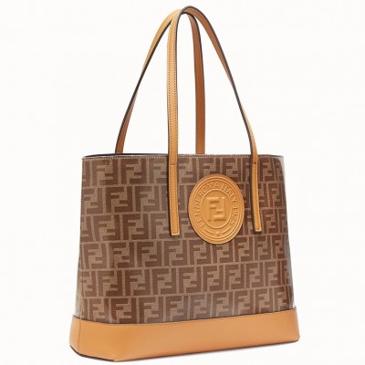 Fendi Logo Shopper Bag In Glazed Fabric With Tan Leather LDBS241159