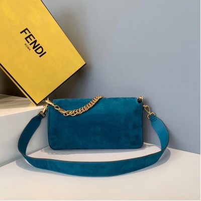 Fendi Medium Baguette Bag In Blue Suede Leather LDBS241164