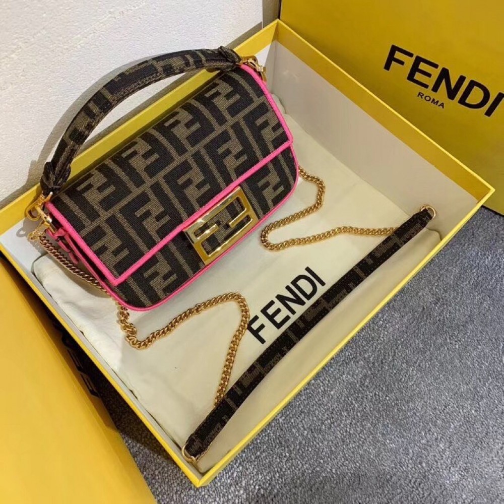 Fendi Mini Baguette Bag In FF Fabric With Fuchsia Trim LDBS241186