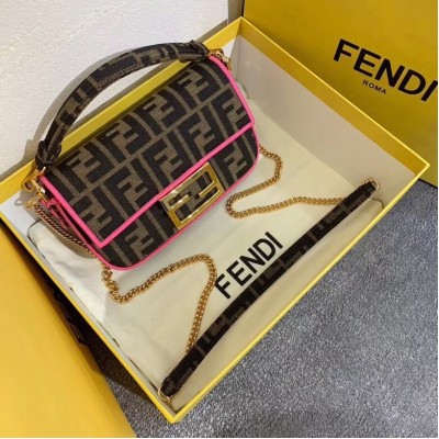 Fendi Mini Baguette Bag In FF Fabric With Fuchsia Trim LDBS241186