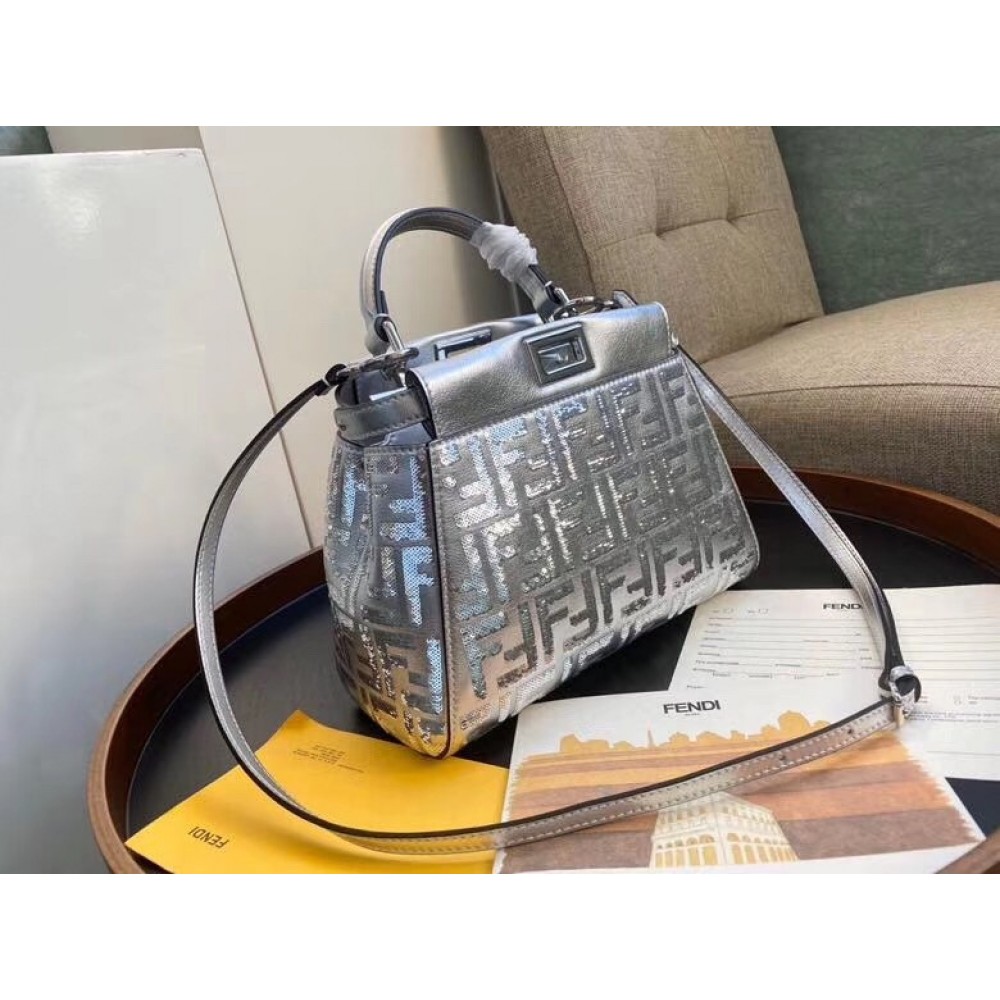 Fendi Peekaboo Mini Bag In Silver Lambskin With FF Sequins LDBS241248