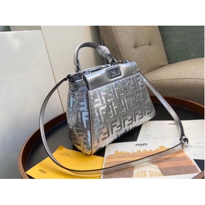 Fendi Peekaboo Mini Bag In Silver Lambskin With FF Sequins LDBS241248