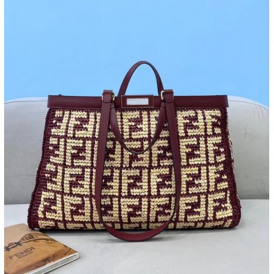 Fendi Peekaboo X-Tote Shopper In Burgundy FF Raffia LDBS241270