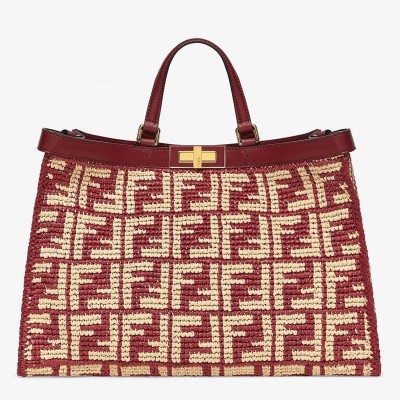 Fendi Peekaboo X-Tote Shopper In Burgundy FF Raffia LDBS241270