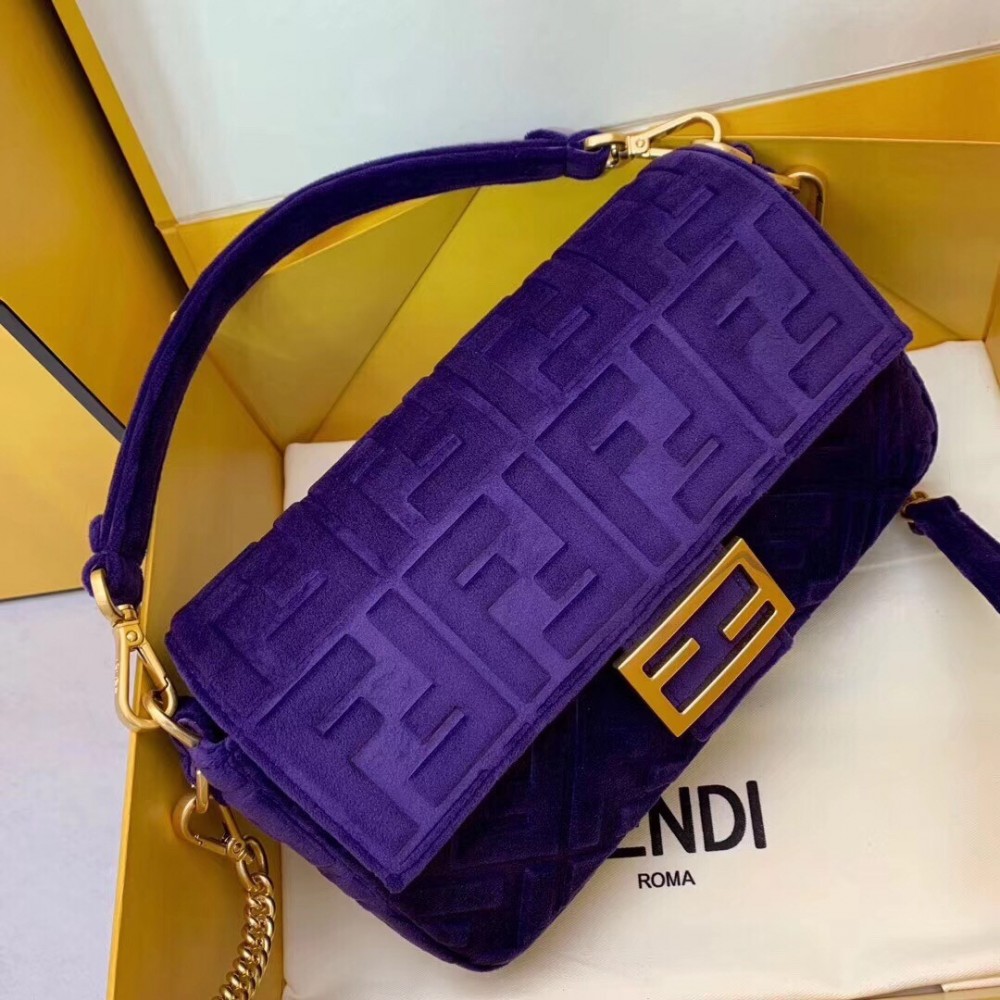 Fendi Purple Velvet FF Motif Medium Baguette Bag LDBS241277