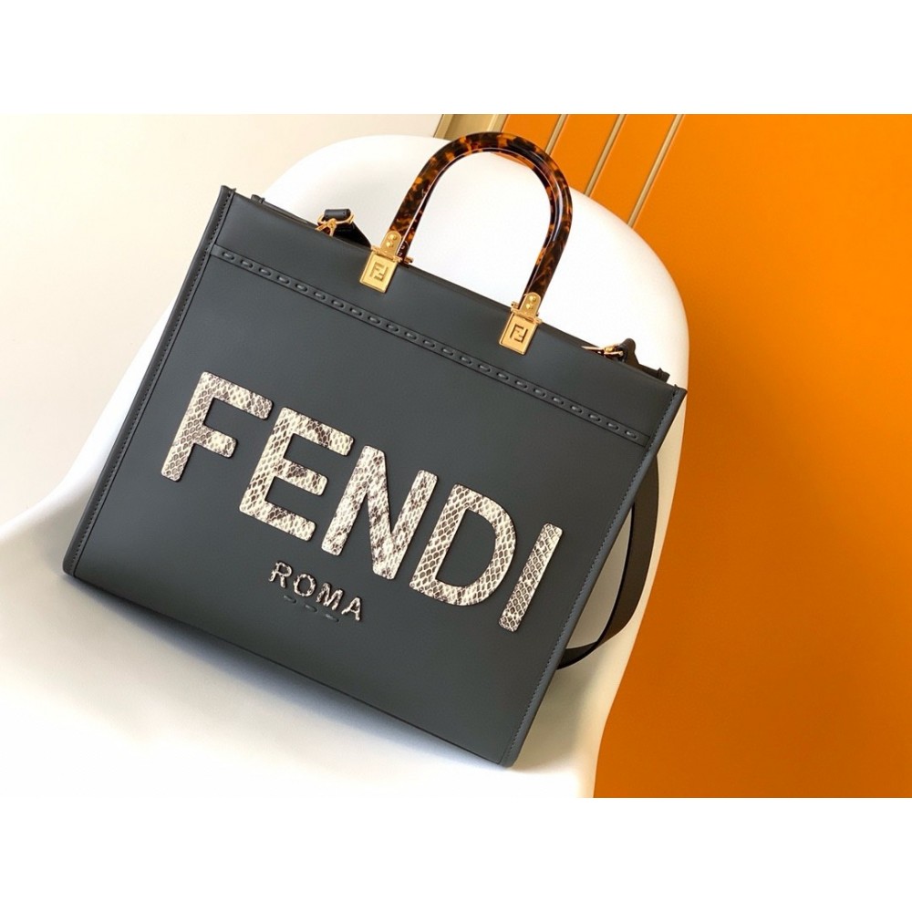 Fendi Sunshine Medium Tote Bag in Black Leather with Python Logo LDBS241347