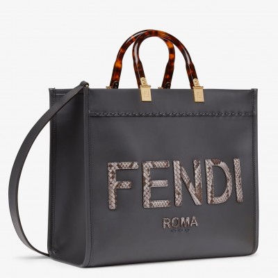 Fendi Sunshine Medium Tote Bag in Black Leather with Python Logo LDBS241347