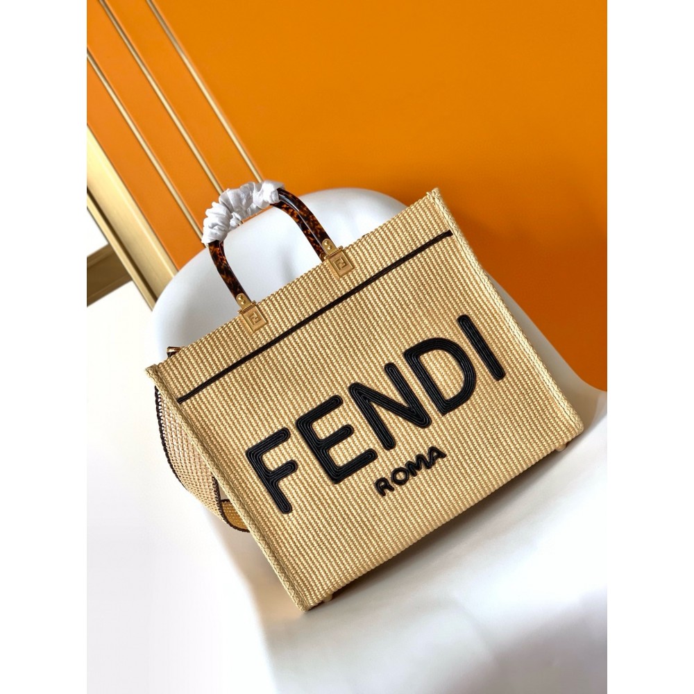 Fendi Sunshine Medium Tote Bag in Black and Natural Straw LDBS241345