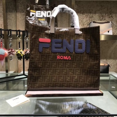 Fendi Glazed Multicolor Fabric Shopper Blue Logo Bag