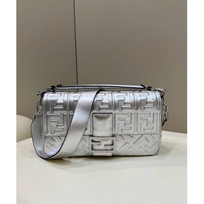 Fendi Large Baguette Bag In Silver FF Metallic Leather